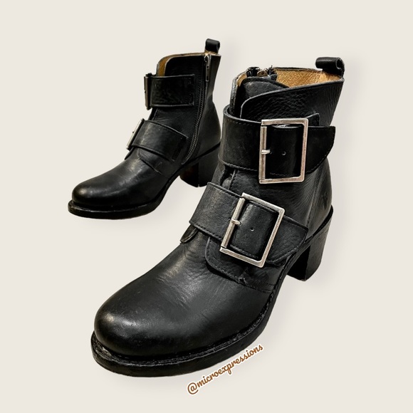 Frye Sabrina Double Buckle Vintage Academia Black Leather Block Heel Ankle Boot - Picture 10 of 16